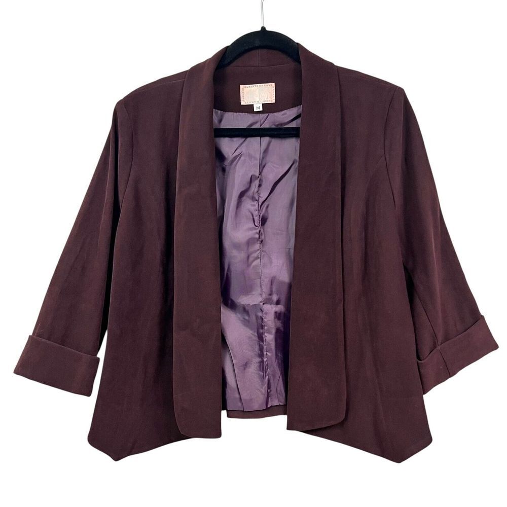Alberto Makal Womens Blazer Velveteen Open Shawl Collar 3/4 Sleeves Merlot Sz M*